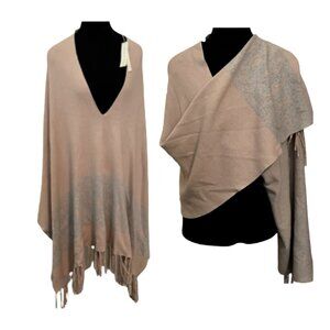 NWT Lovestitch Knit Fringed Poncho Shawl Cape Tan Blue Print Boho ONE SIZE